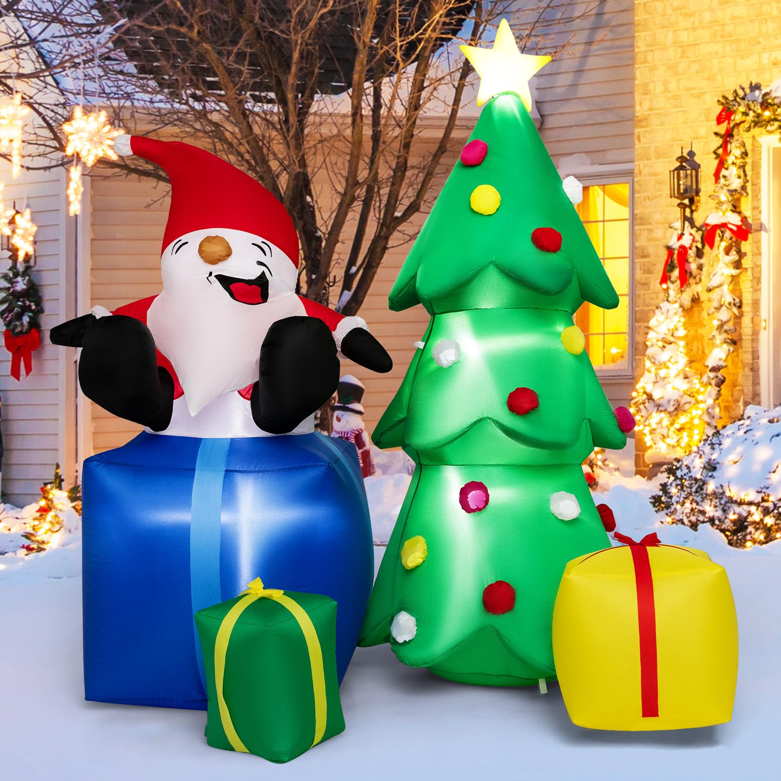 Tangkula 7 FT Lighted Christmas Inflatable Santa Claus & Christmas Tree with Gift Boxes
